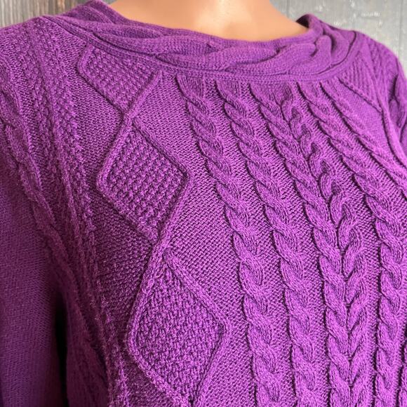 Lands’ End Cable Knit Chunky Purple Swearer 1X Scoop Neck Wrist Length Sleeve - Picture 4 of 5